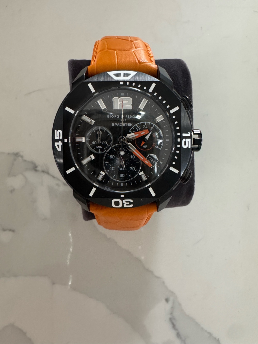 Spacetek Black Dial Watch with Orange Leather Strap